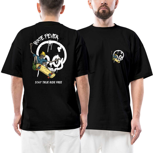 Skate Fever Ön Arka Baskılı Siyah Oversize Tişört