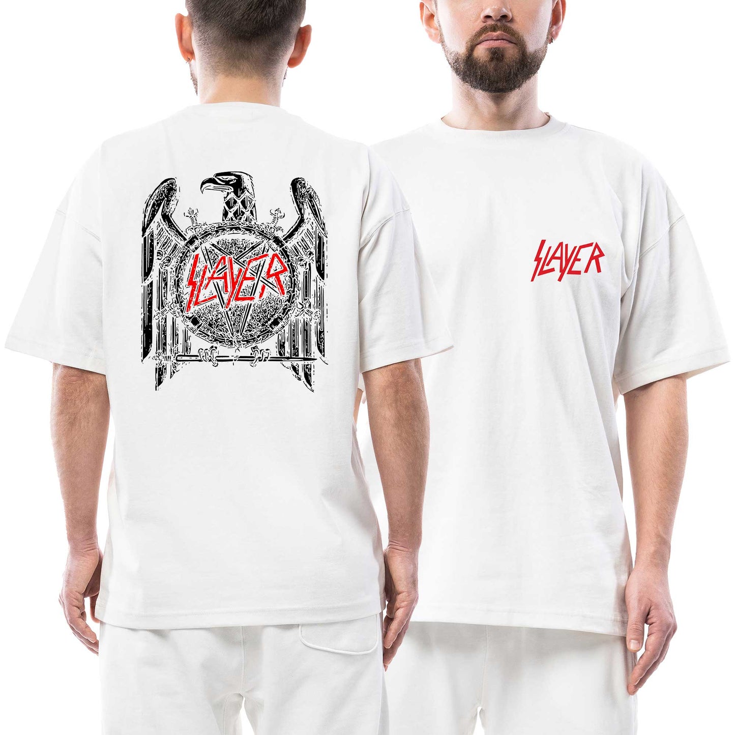 Slayer Eagle Split Ön Arka Baskılı Beyaz Oversize Tişört