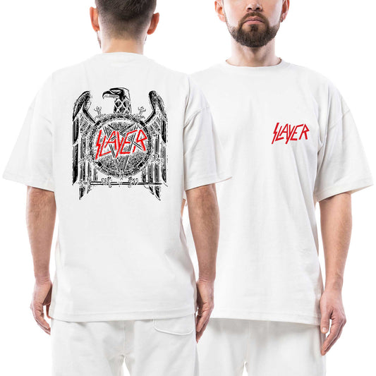 İndirimli Slayer Eagle Split Ön Arka Baskılı Beyaz Oversize Tişört