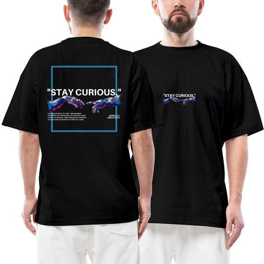 Stay Curious Ön Arka Baskılı Siyah Oversize Tişört