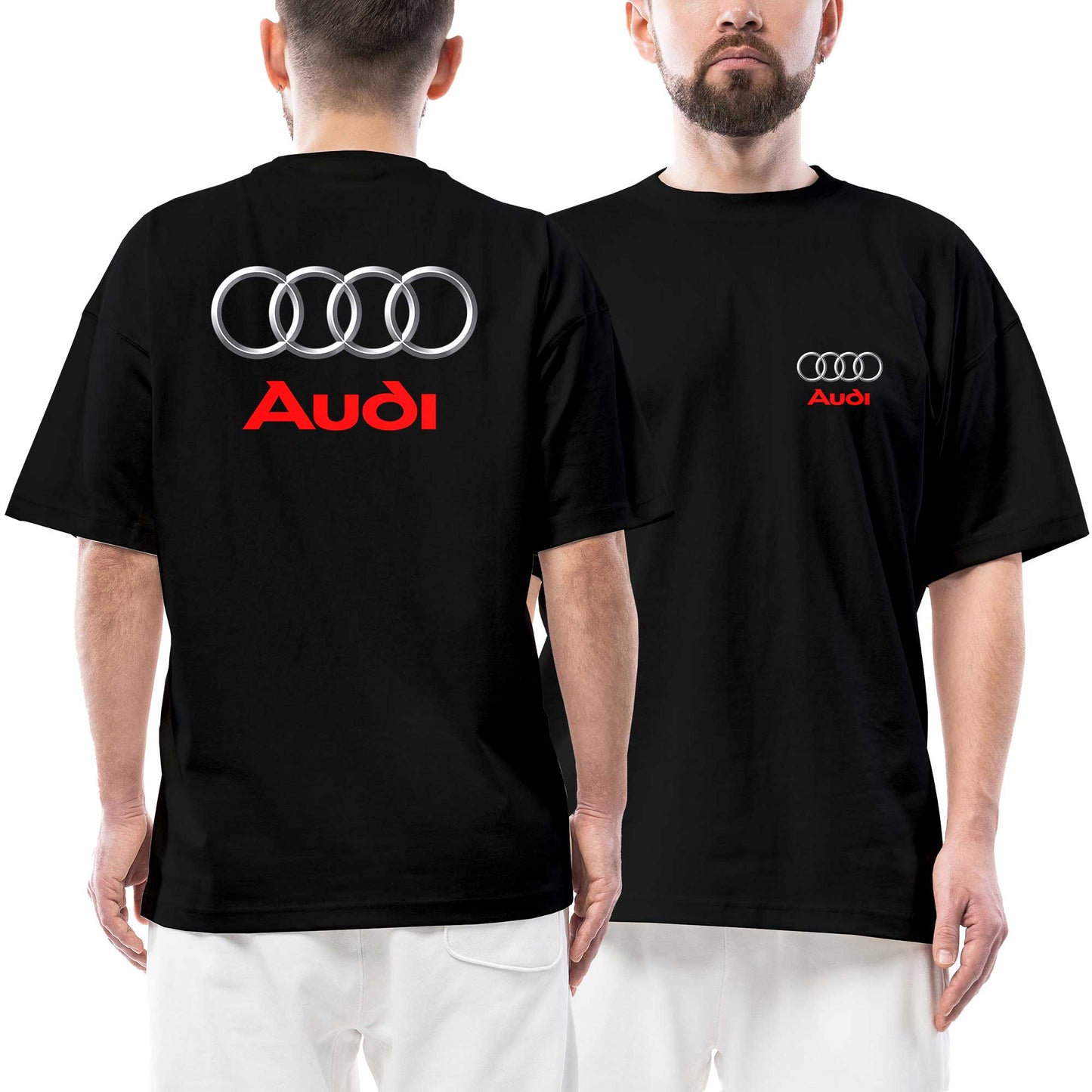Audi Logo Text Ön Arka Baskılı Siyah Oversize Tişört