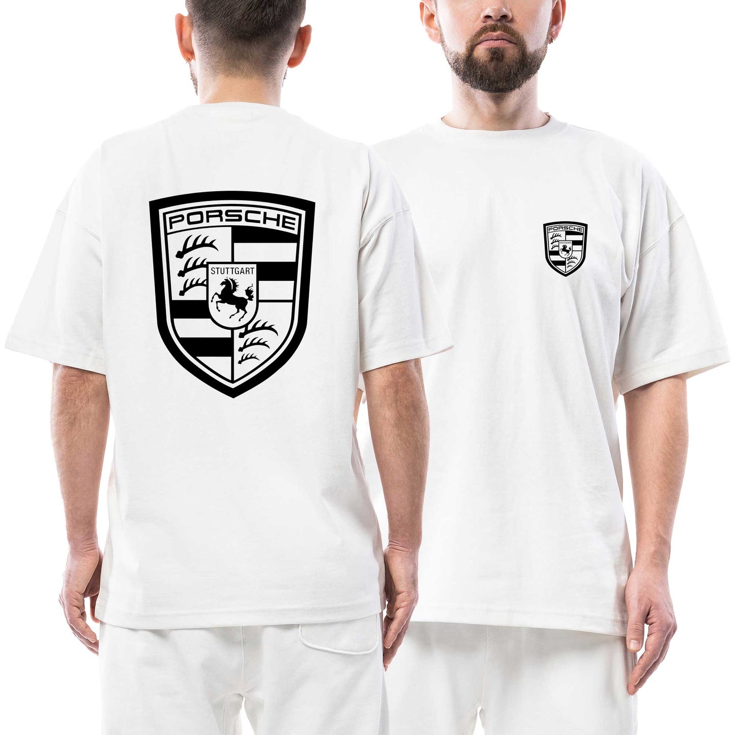 Porsche Logo Black Ön Arka Baskılı Beyaz Oversize Tişört