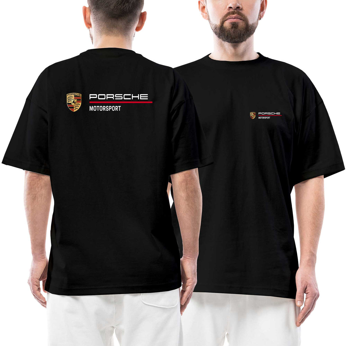 Porsche Motorsport Logo Ön Arka Baskılı Siyah Oversize Tişört