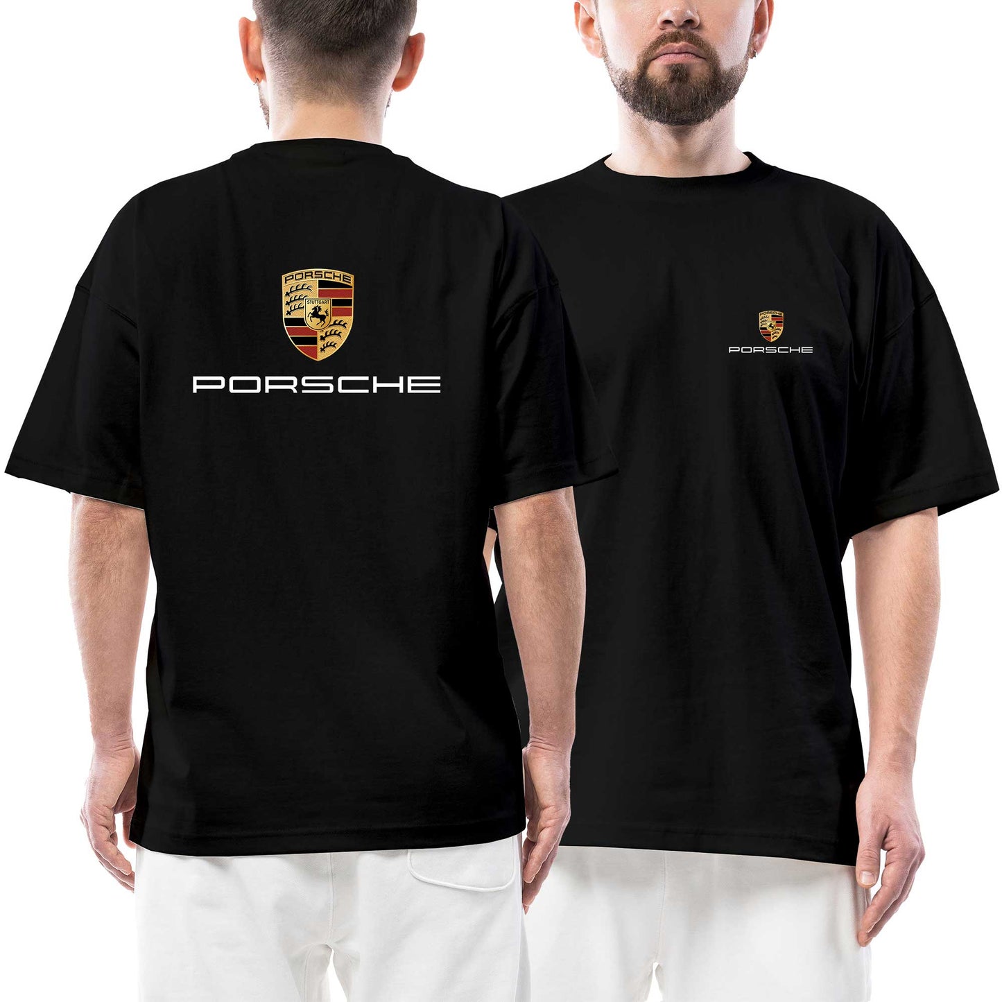 Porsche Logo Text Ön Arka Baskılı Siyah Oversize Tişört
