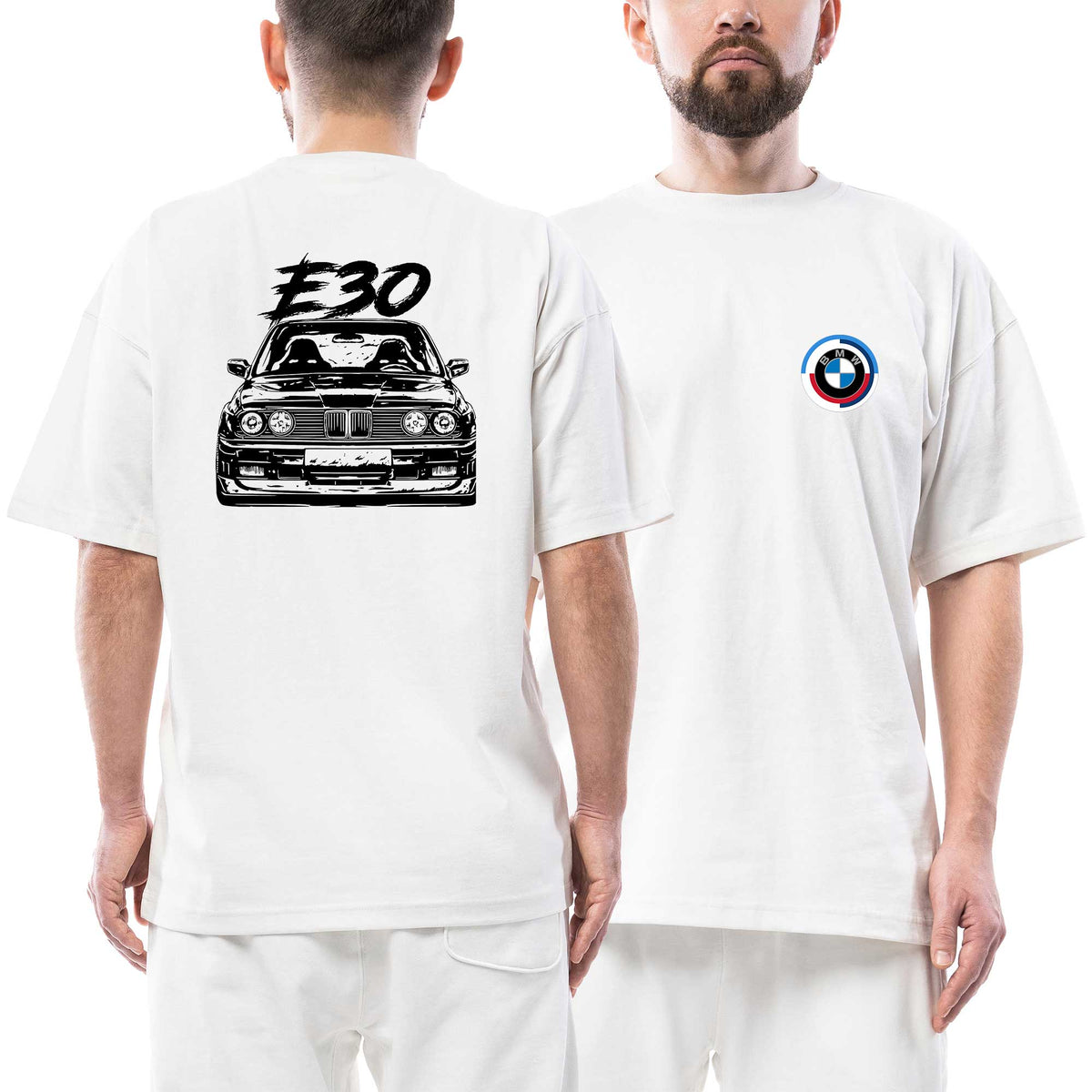 Bmw Sketch E30 Ön Arka Baskılı Beyaz Oversize Tişört