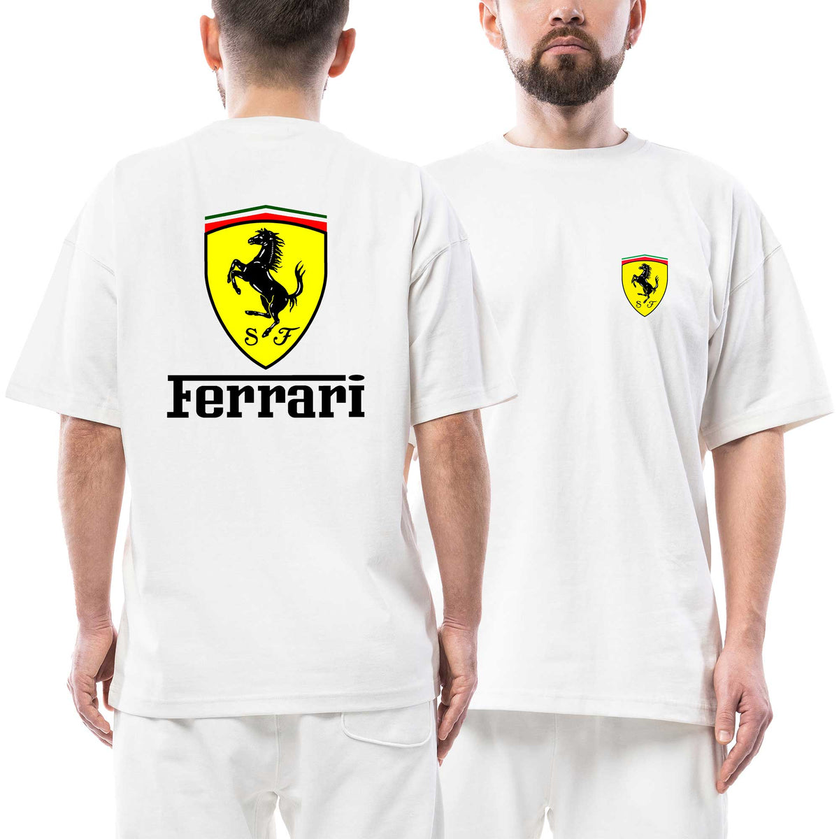 Ferrari Lite Siyah Yazı Ön Arka Baskılı Beyaz Oversize Tişört