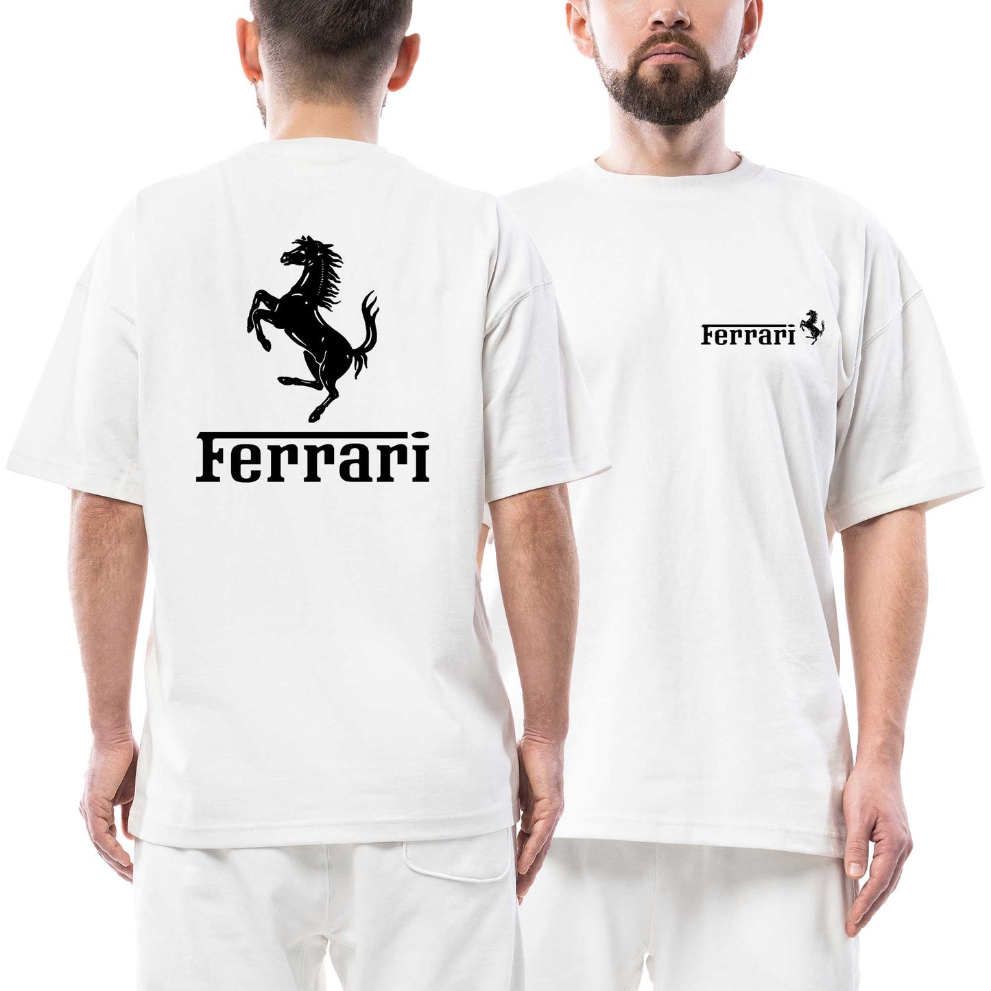 Ferrari Horse Logo Text Ön Arka Baskılı Beyaz Oversize Tişört