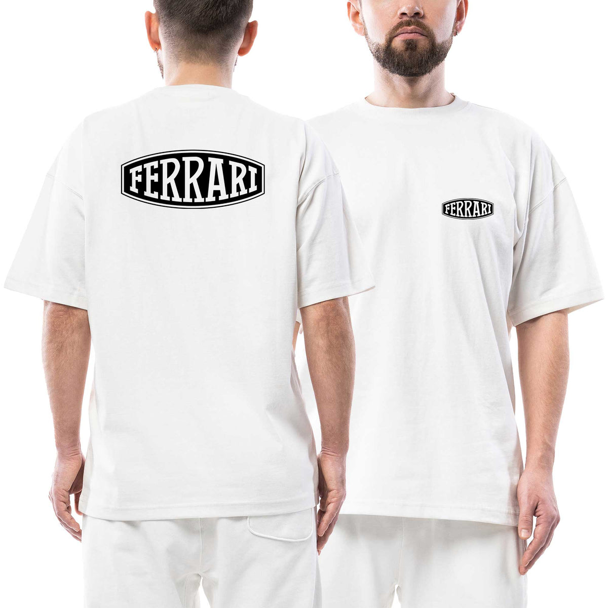 Ferrari Siyah Logo Text Ön Arka Baskılı Beyaz Oversize Tişört