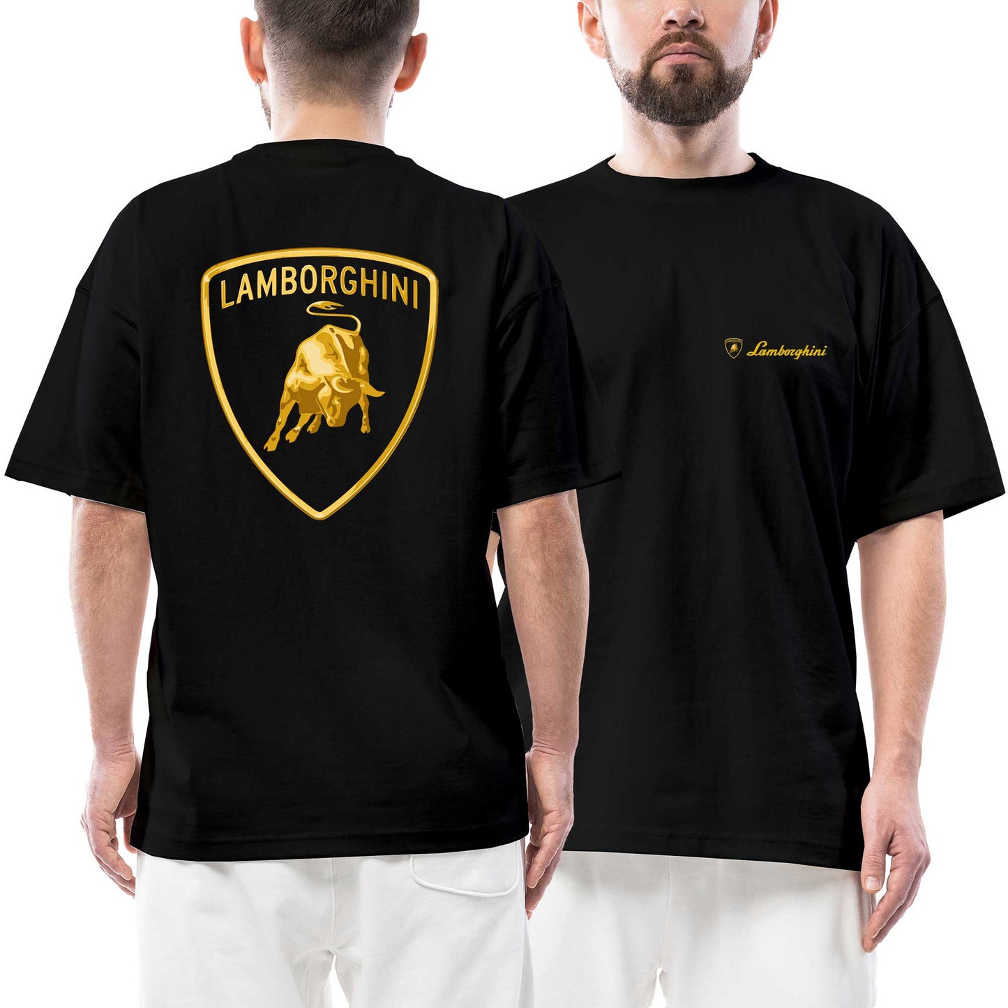 Lamborghini Text Logo Gold Ön Arka Baskılı Siyah Oversize Tişört