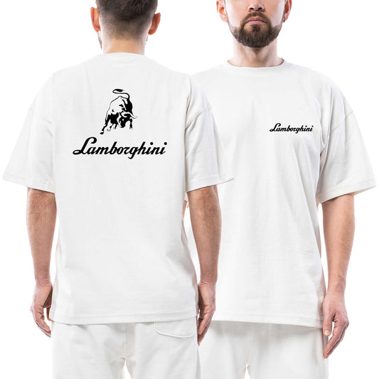 Lamborghini Black Logo Text Ön Arka Baskılı Beyaz beyaz oversize tişört