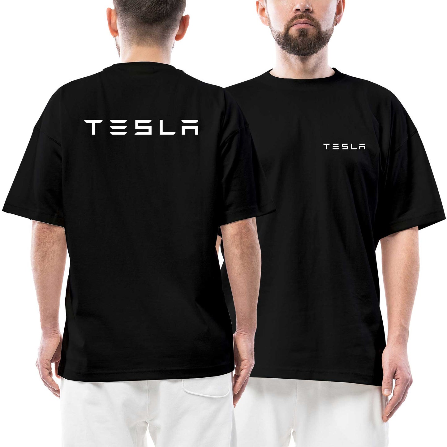 Tesla White Logo Ön Arka Baskılı Siyah Oversize Tişört