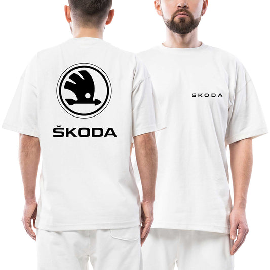 Skoda Text Logo Ön Arka Baskılı Beyaz Oversize Tişört
