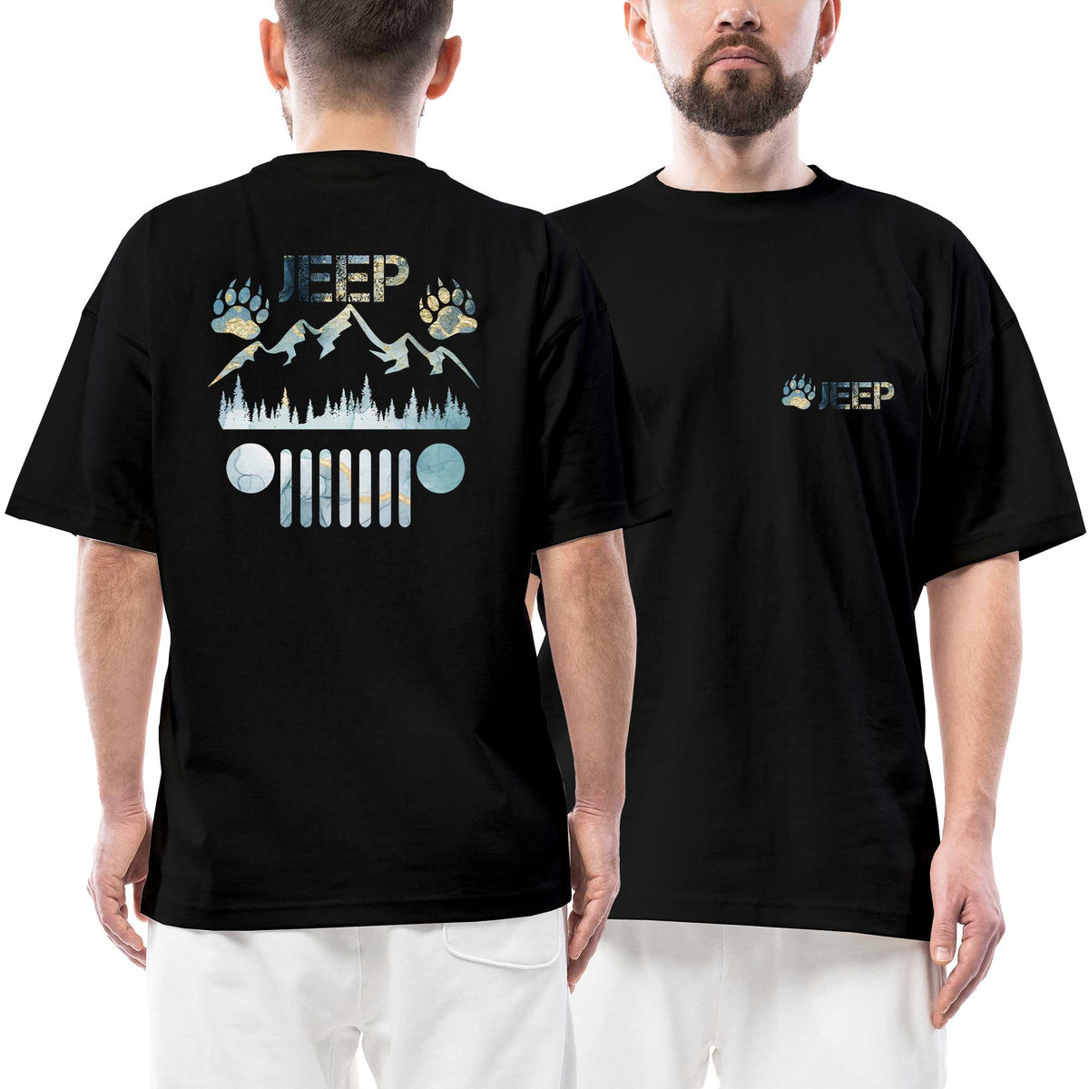 Jeep Forest Claw Ön Arka Baskılı Siyah Oversize Tişört