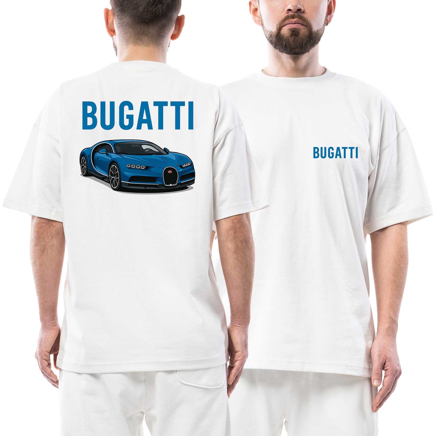 Bugatti Blue Car Ön Arka Baskılı Beyaz Oversize Tişört