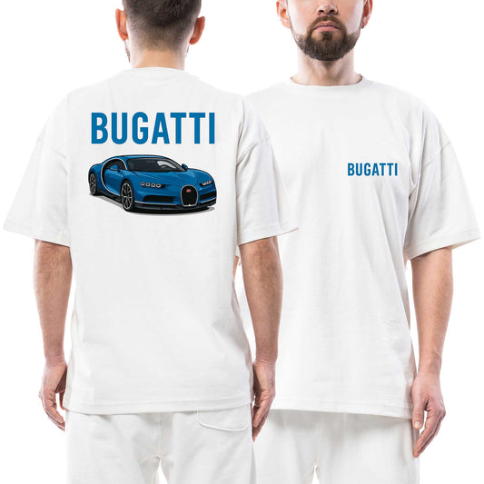 Bugatti Blue Car Ön Arka Baskılı Beyaz beyaz oversize tişört