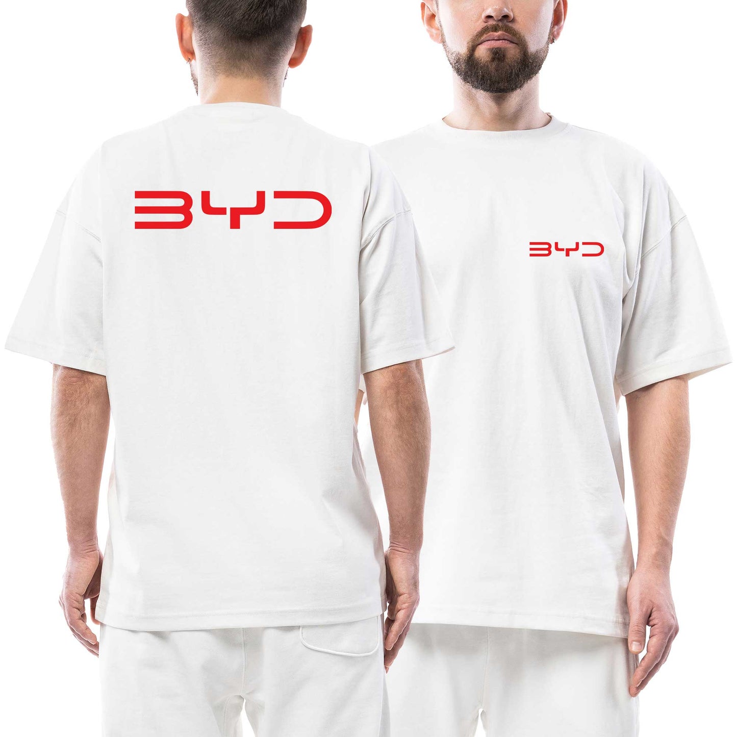 Byd Red Logo Ön Arka Baskılı Beyaz Oversize Tişört