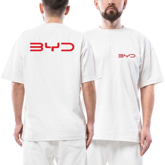Byd Red Logo Ön Arka Baskılı Beyaz beyaz oversize tişört