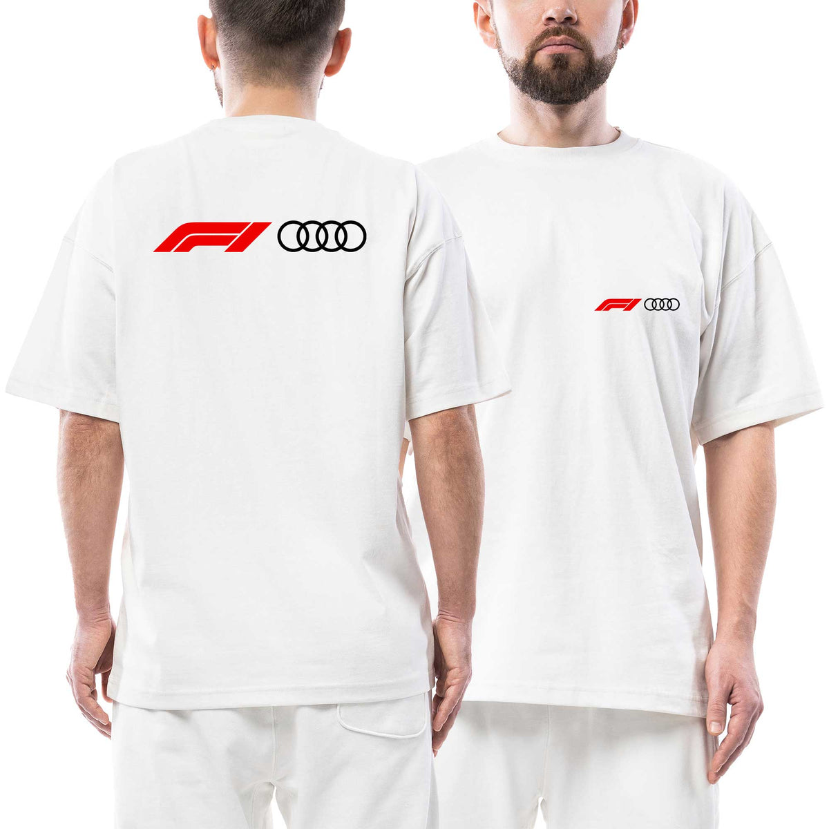 Audi F1 Logo Ön Arka Baskılı Beyaz Oversize Tişört