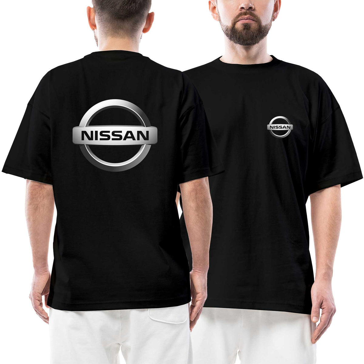 Nissan Logo 2 Ön Arka Baskılı Siyah Oversize Tişört