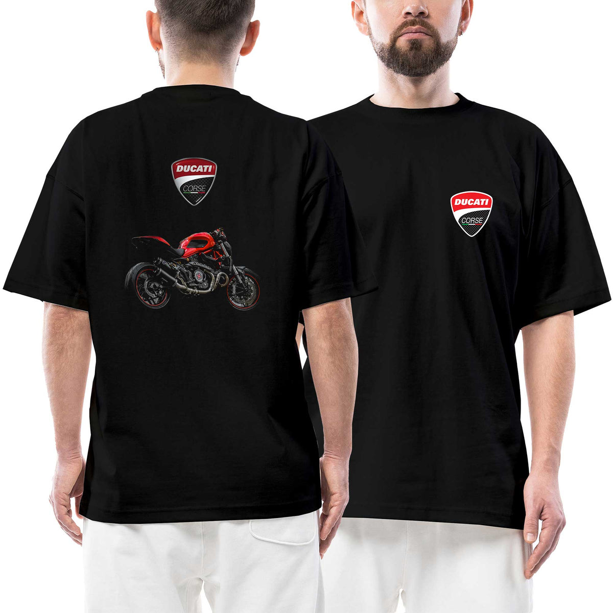 Ducati Corse Logo Monster siyah ön arka baskılı oversize tişört