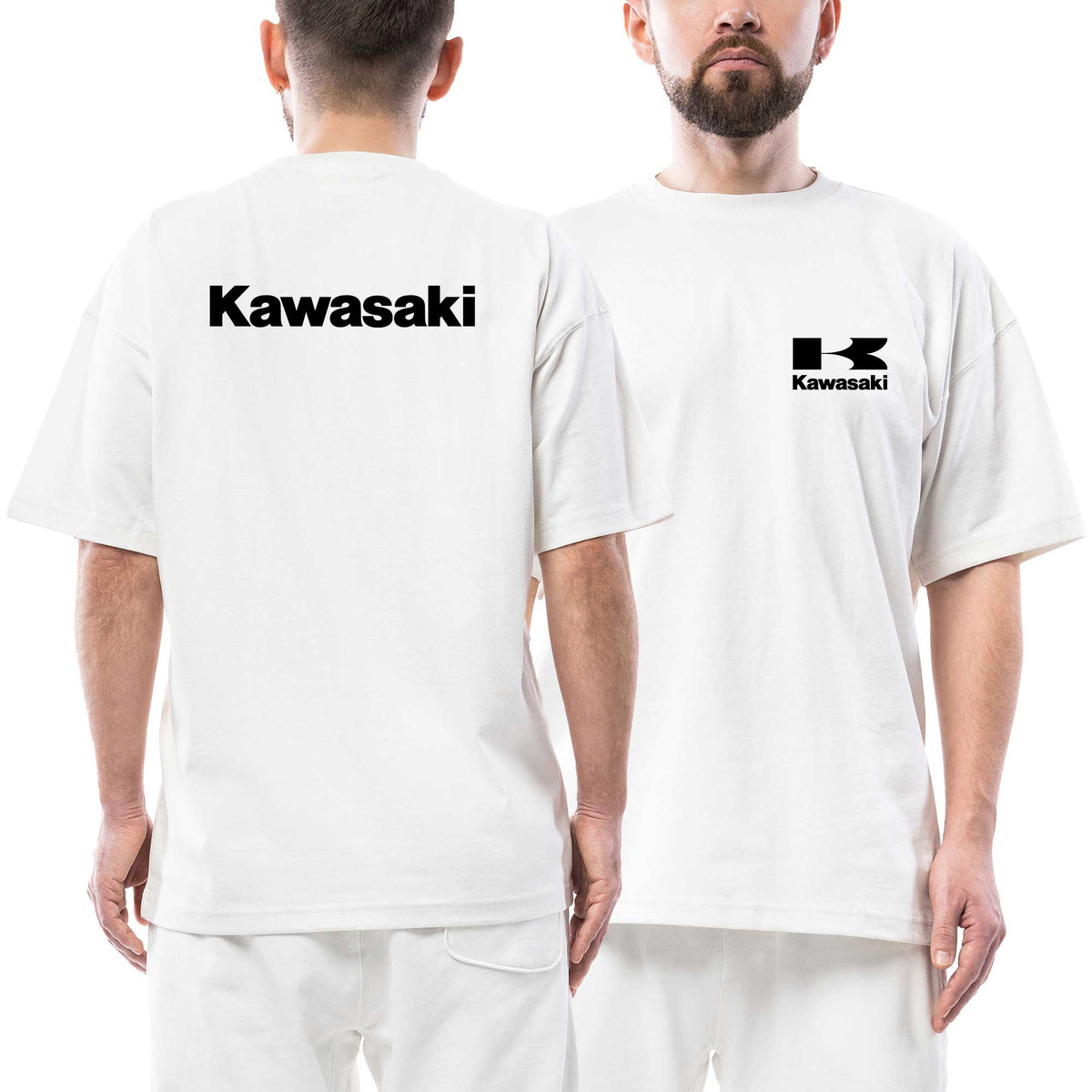 Kawasaki Black Logo Text beyaz ön arka baskılı oversize tişört