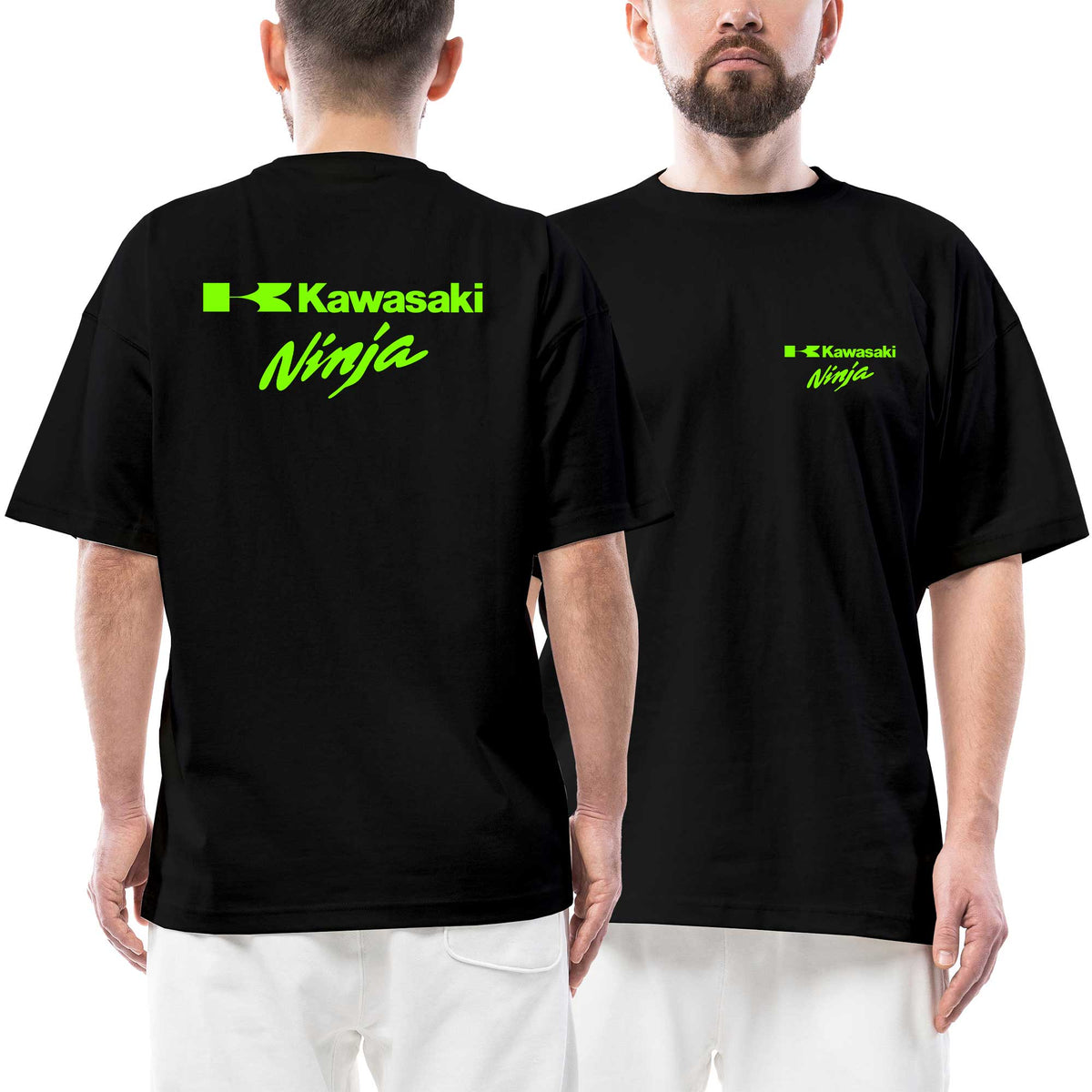 Kawasaki Ninja Text Logo siyah ön arka baskılı oversize tişört