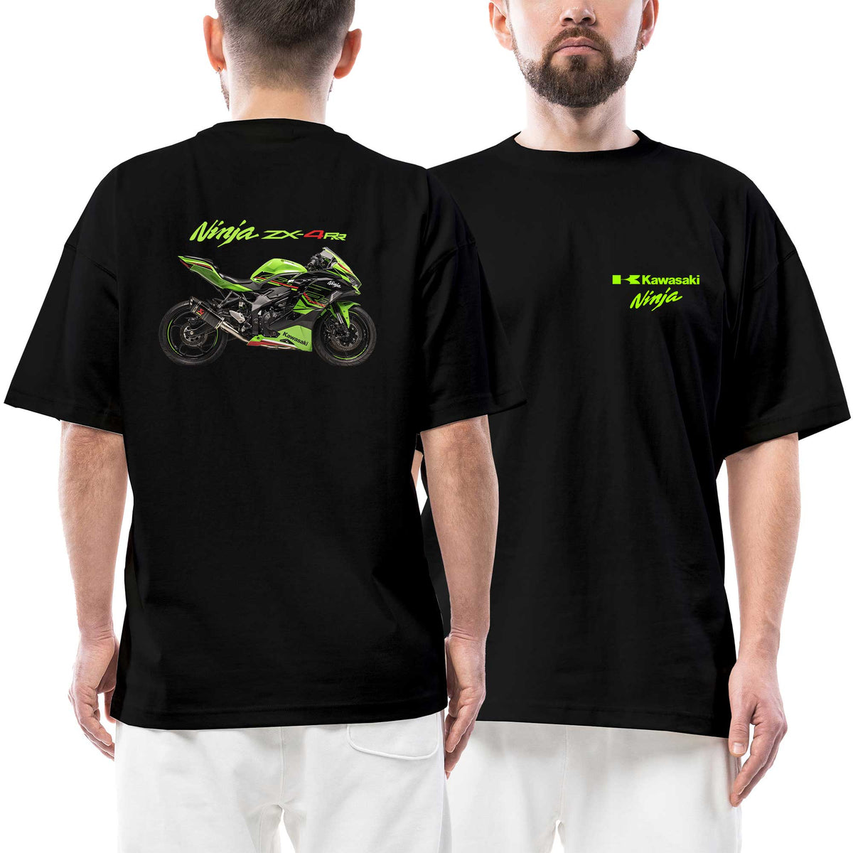 Kawasaki Ninja zx4rr Logo Motorcycle siyah ön arka baskılı oversize tişört
