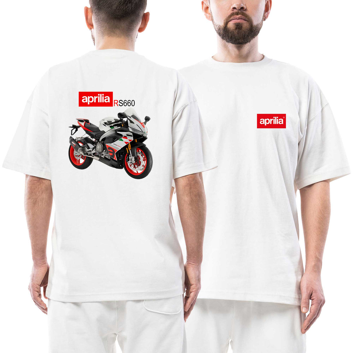 Aprilia Rs600 Motorcycle Logo beyaz ön arka baskılı oversize tişört