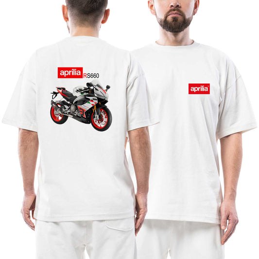 Aprilia Rs600 Motorcycle Logo beyaz ön arka baskılı oversize tişört