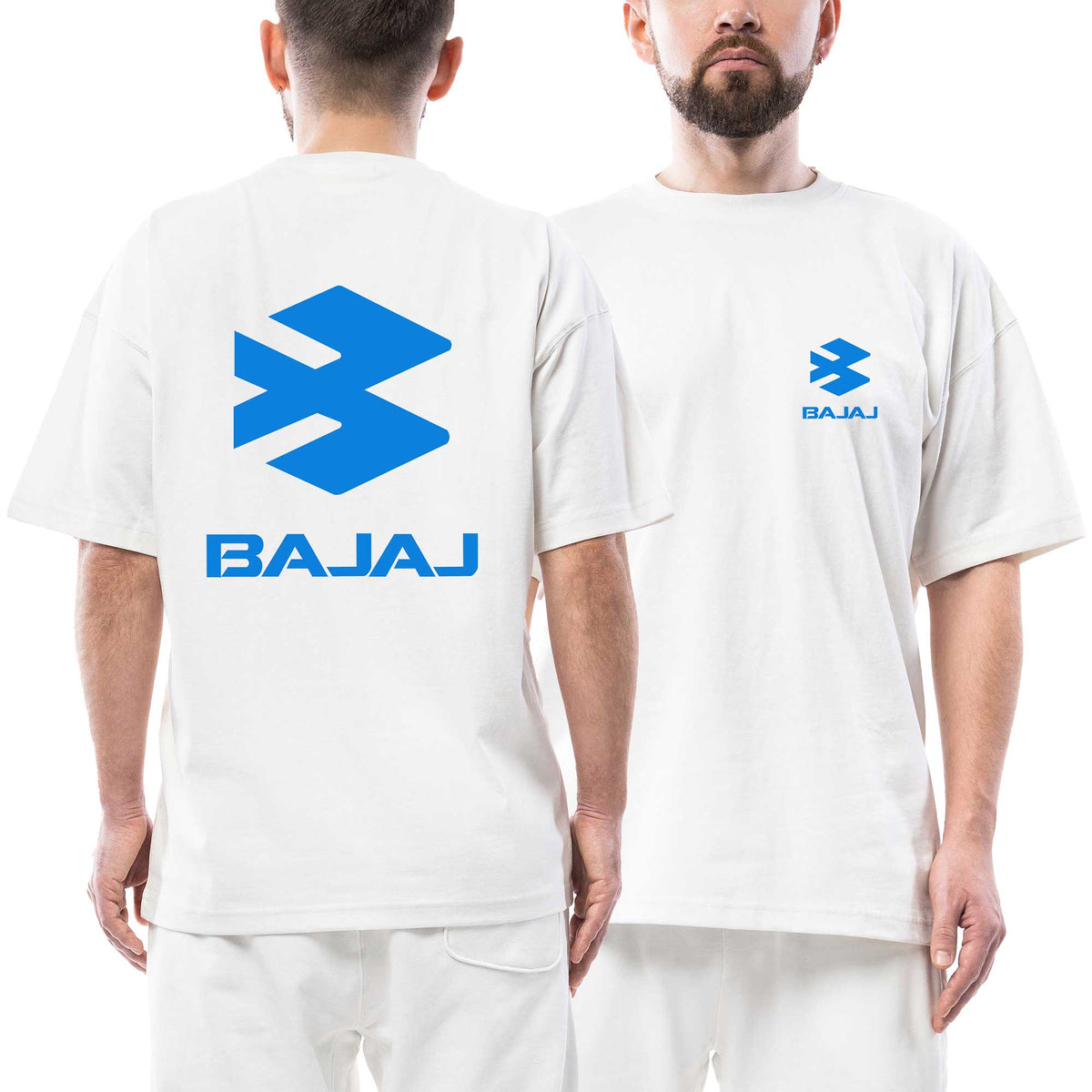 Bajaj Blue Logo Text beyaz ön arka baskılı oversize tişört