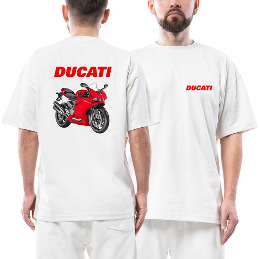 Ducati 959 Red Text Logo beyaz ön arka baskılı oversize tişört