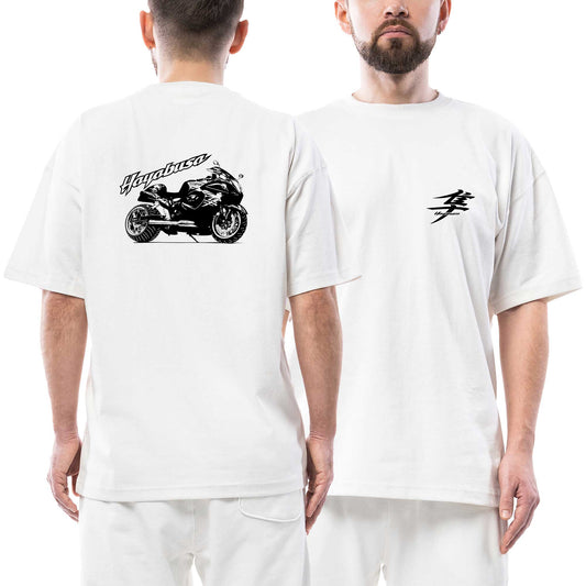 Hayabusa Black Logo Motorcycle beyaz ön arka baskılı oversize tişört