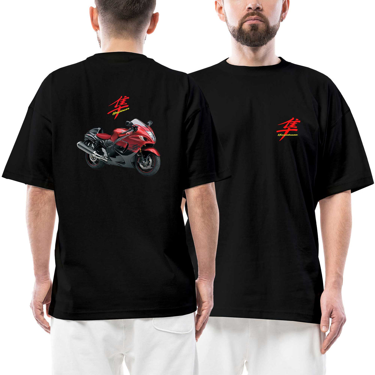 Hayabusa GSX R1300 Red Logo siyah ön arka baskılı oversize tişört
