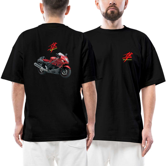 Hayabusa GSX R1300 Red Logo siyah ön arka baskılı oversize tişört