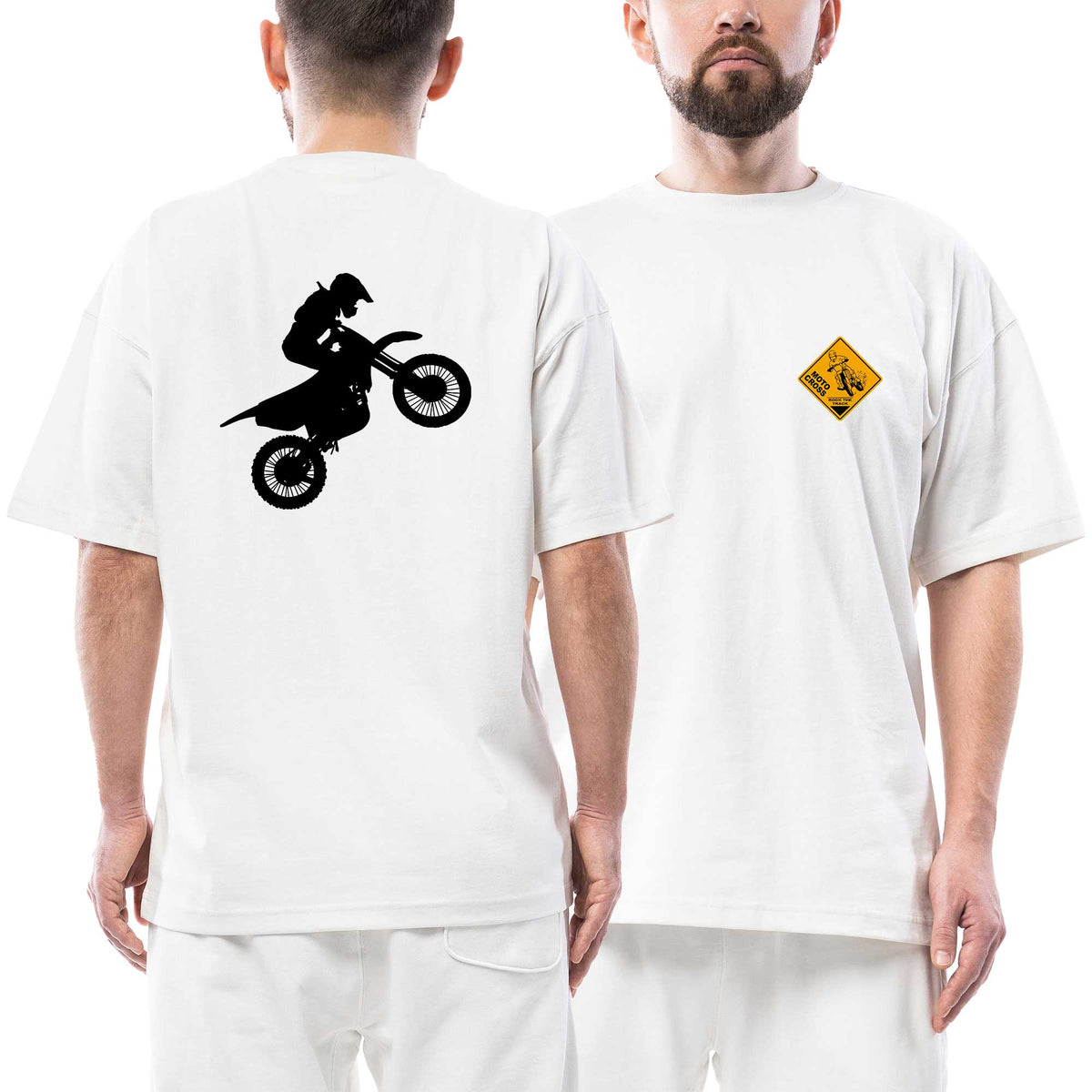 Motocross Silüet Signboard beyaz ön arka baskılı oversize tişört