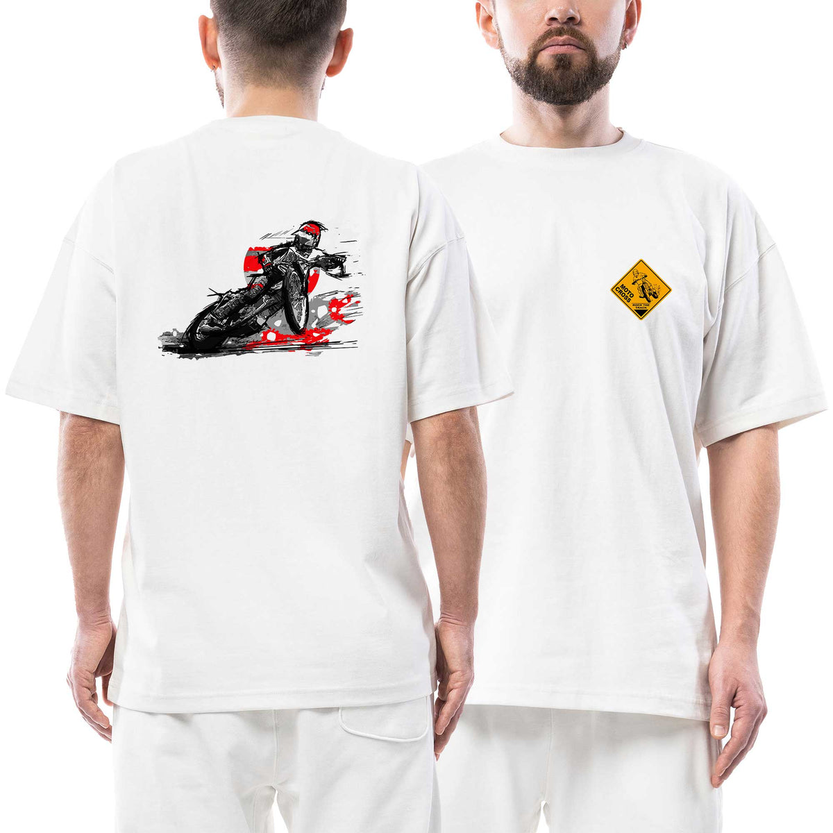 Motocross Speedway Signboard beyaz ön arka baskılı oversize tişört