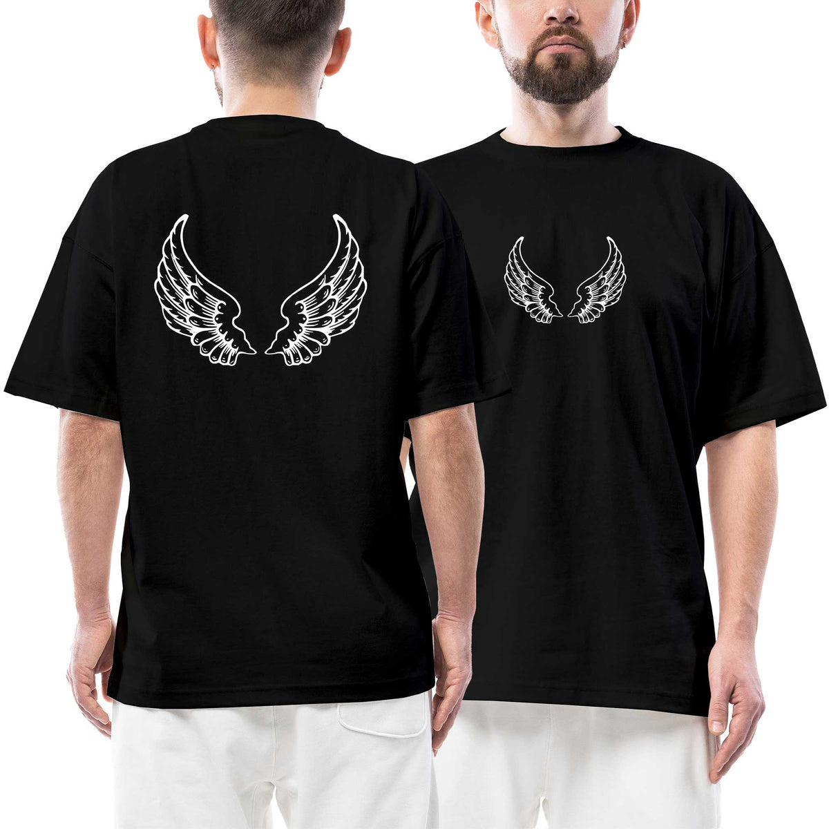 Motorcycle White Wings siyah ön arka baskılı oversize tişört