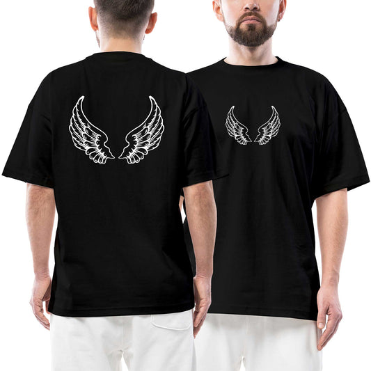 Motorcycle White Wings siyah ön arka baskılı oversize tişört