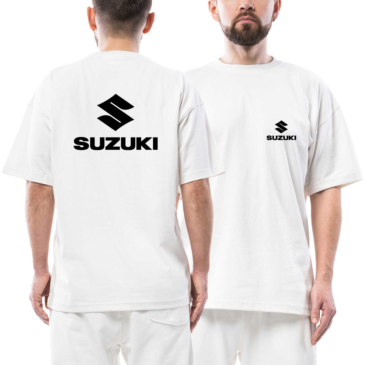 Suzuki Black Text Logo beyaz ön arka baskılı oversize tişört