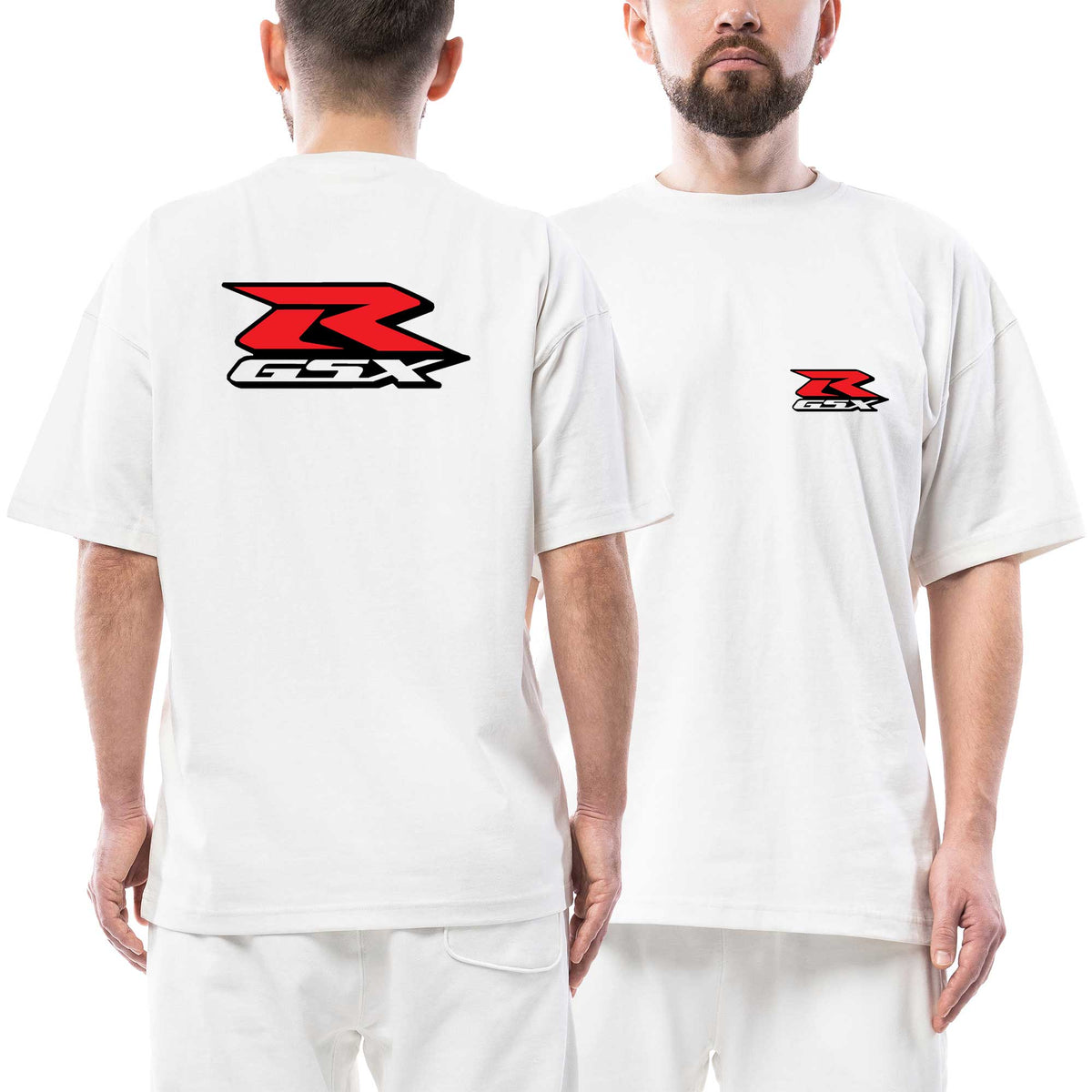 Suzuki GSX R Red Logo beyaz ön arka baskılı oversize tişört