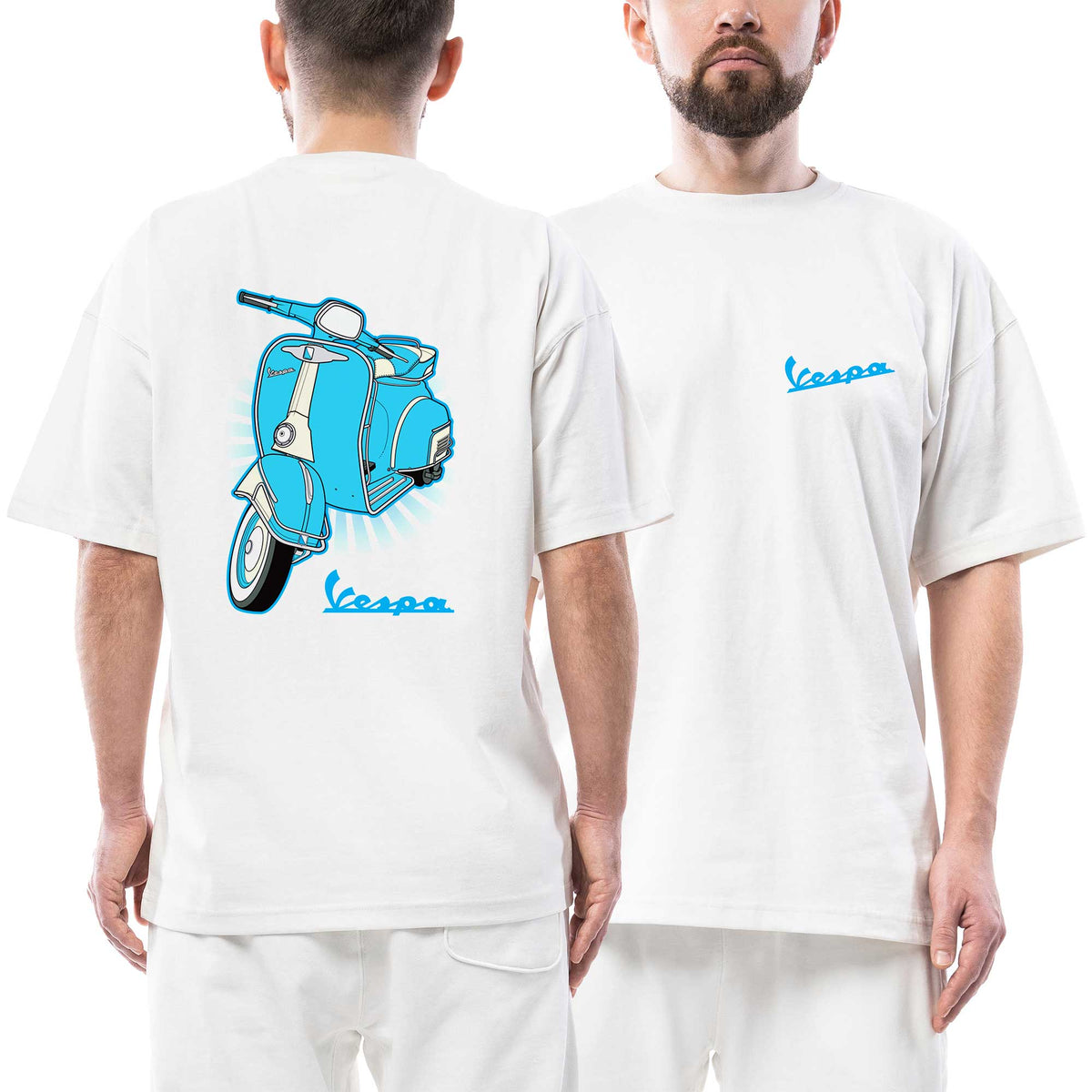 Vespa Blue Scooter Logo beyaz ön arka baskılı oversize tişört