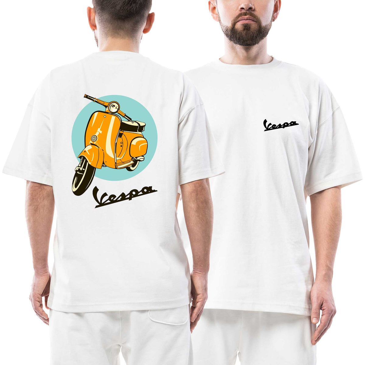 Vespa Circle Yellow Scooter beyaz ön arka baskılı oversize tişört
