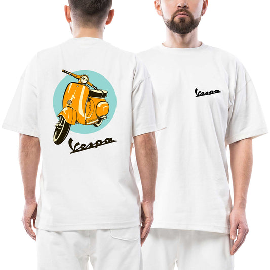 Vespa Circle Yellow Scooter beyaz ön arka baskılı oversize tişört