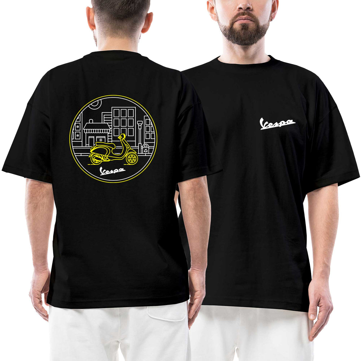 Vespa Tour At city White Logo siyah ön arka baskılı oversize tişört