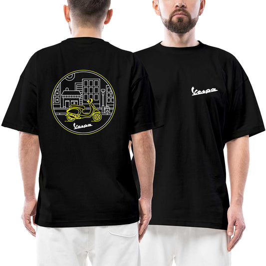Vespa Tour At city White Logo siyah ön arka baskılı oversize tişört