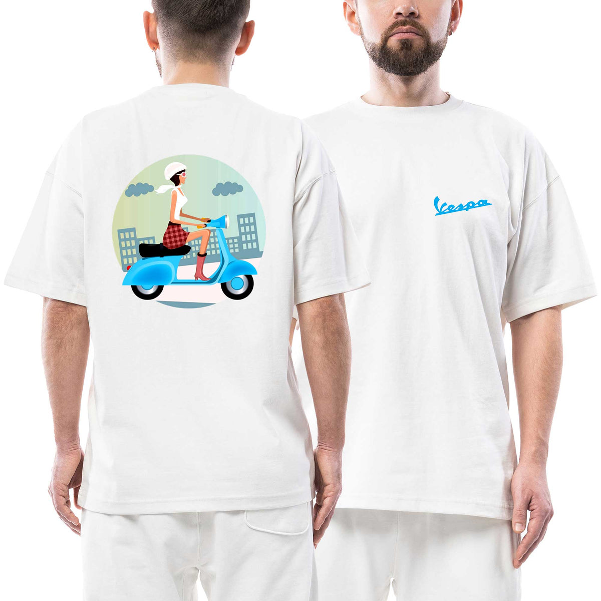Vespa Scooter Girl Blue Logo beyaz ön arka baskılı oversize tişört