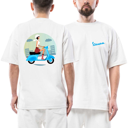 Vespa Scooter Girl Blue Logo beyaz ön arka baskılı oversize tişört