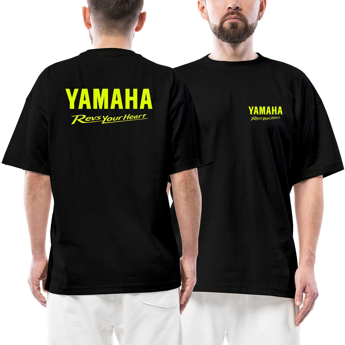 Yamaha Revs Your Heart Text Logo siyah ön arka baskılı oversize tişört