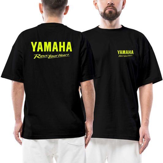 Yamaha Revs Your Heart Text Logo siyah ön arka baskılı oversize tişört