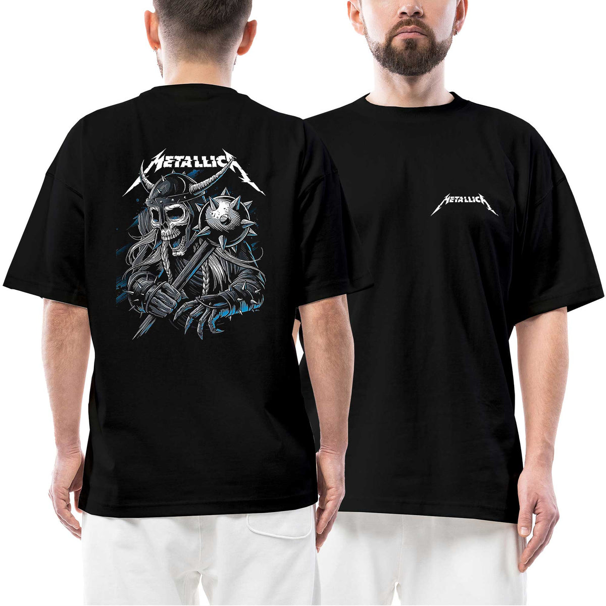 Metallica Skull Vikings Ön Arka Baskılı Siyah Oversize Tişört
